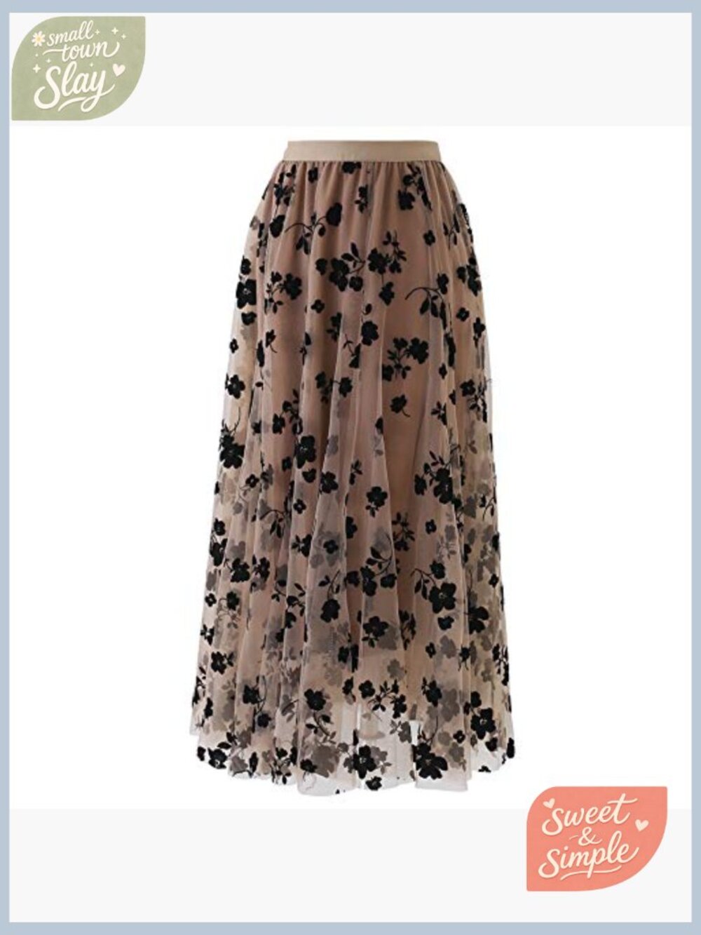 Double-Layered Mesh Midi Skirt with 3D Posy Trim, Elastic Waistband - Picture 6 of 7